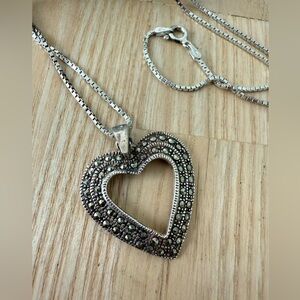 925 Sterling silver marcasite heart pendant necklace